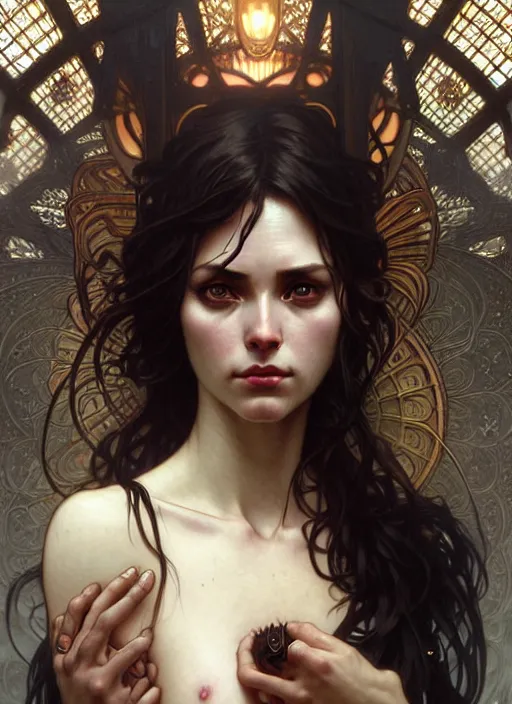 Prompt: lovely woman in distress, black shiny eyes, ultra realistic, concept art, intricate details, eerie, highly detailed, photorealistic, 8 k, unreal engine. art by artgerm and greg rutkowski and magali villeneuve, alphonse mucha