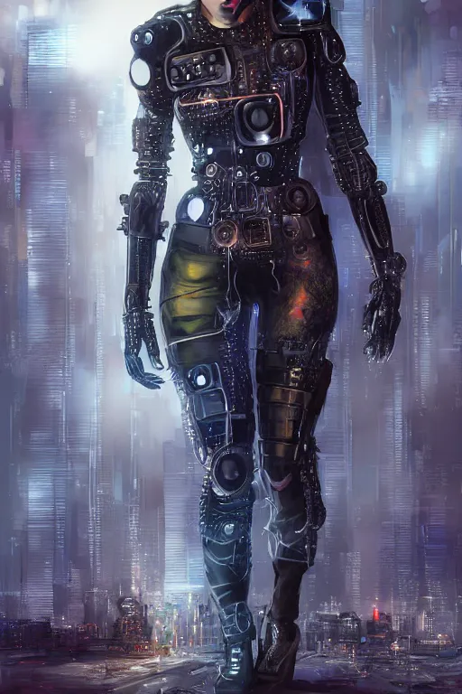 Prompt: beautiful digital oil cyberpunk style of a girl in leather cyber armor by Arthur Hughes