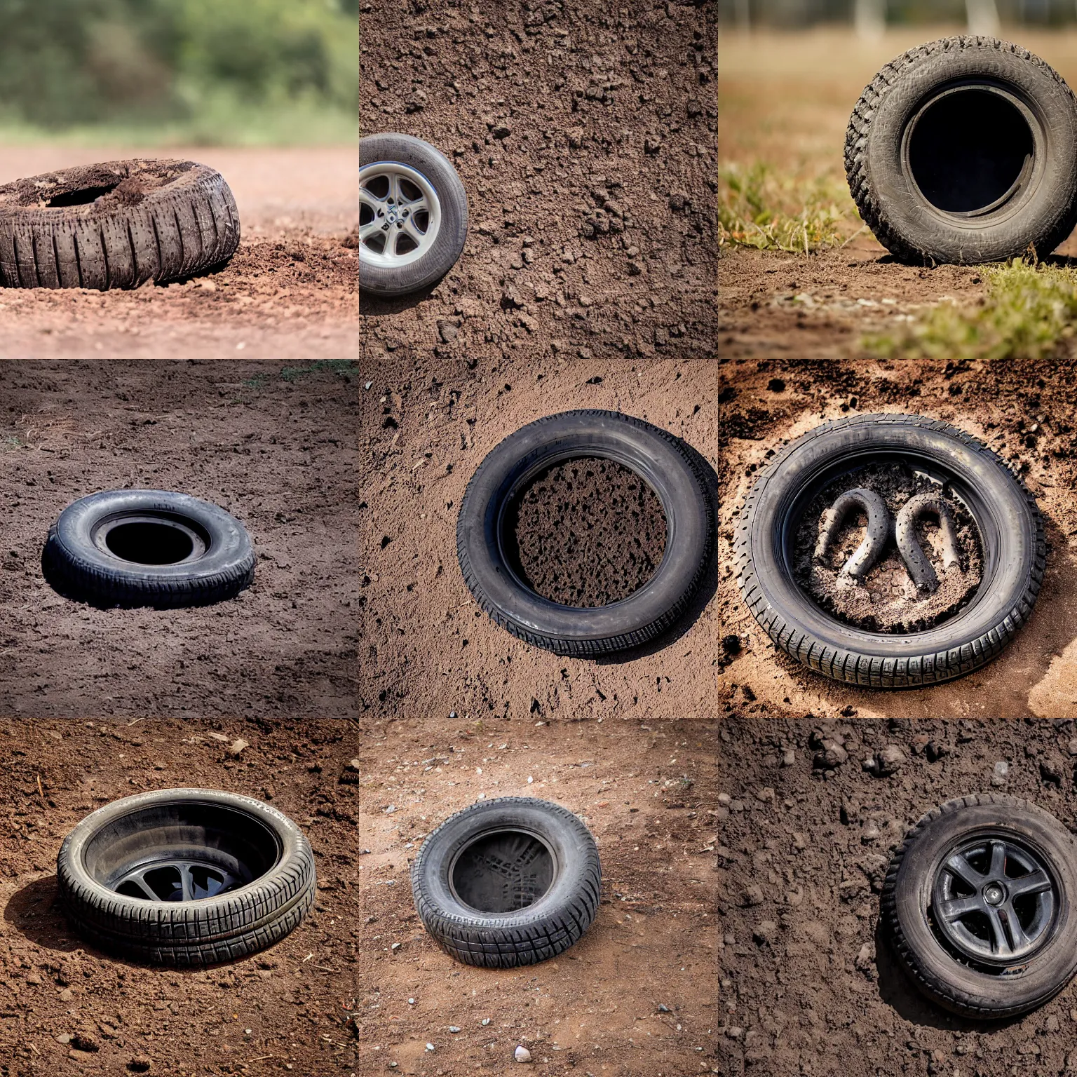 Prompt: dirt - covered orphan eating tires