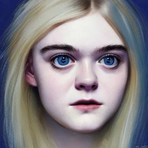 Image similar to professional painting of Elle Fanning in the style of a Crystal Castles album cover, head and shoulders portrait, symmetrical facial features, smooth, sharp focus, illustration, intricate, stormy weather, extremely detailed masterpiece,