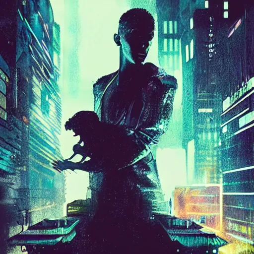 Prompt: blade runner style image of cyberpunk character and his baby dragon