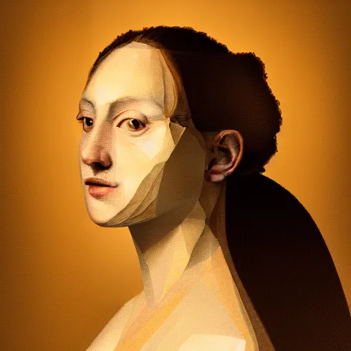 Prompt: digital portrait of luna influenced by rembrandt, precisionist background composed of geometric shapes and clean lines, creating a contrast with the woman's more organic features. the woman's face is illuminated by a warm, golden light, and her gaze is downcast, as if she is lost in thought.