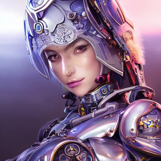 Image similar to studio portrait of lawful good colorful female holy mecha paladin absurdly beautiful, elegant, young sensual graceful woman, ultrafine hyperrealistic detailed face illustration by kim jung gi, irakli nadar, intricate linework, sharp focus, bright colors, matte, octopath traveler, final fantasy, unreal engine highly rendered, global illumination, radiant light, intricate environment