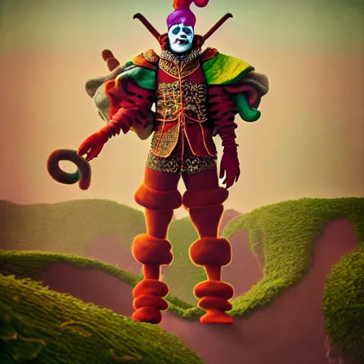 Image similar to clown character knight, infinite final fantasy candyland landscape fall god temple, moody : : wes anderson, roger dean, sophie anderson, esao andrews : : ornate, dynamic, particulate, intricate, elegant, highly detailed, centered, artstation, smooth, sharp focus, octane render, 3 d