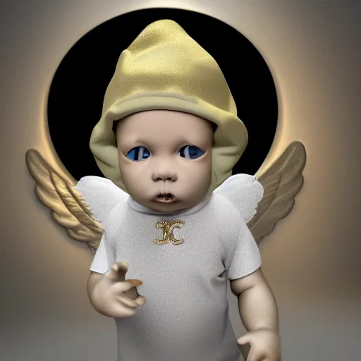 Prompt: a high tech 3 d rendering of a a baby cherub angel wearing a balaclava mask, ski mask, face covered, covered face, fixed eyes, gucci, supreme, chanel, tattoos, multiple gold cuban chain necklace, graffiti in background, cinema 4 d render