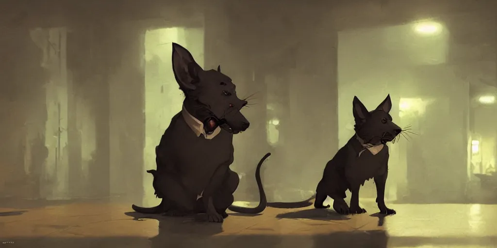 Prompt: detective dog is drinking whyskey with a rat at his office, warm color palette, night time, dramatic lighting, noir film, fine details, high contrast, blacksad, juan diaz canales, juanjo guarnido, greg rutkowski, trending on artstation, 8 k, ultra wide angle