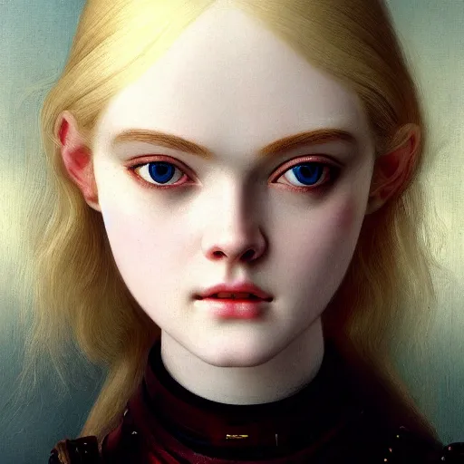 Prompt: Painting of Elle Fanning with an eyepatch and robot arm, long blonde hair, delicate, pale milky white porcelain skin, by Edmund Leighton. 8K. Extremely detailed.