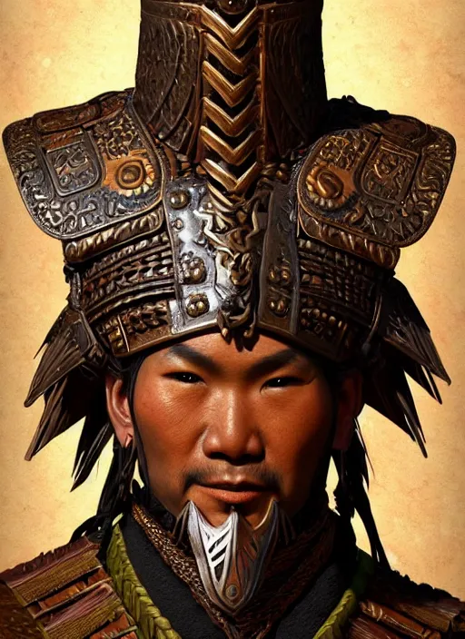 Prompt: tai warlord, closeup portrait, historical, ethnic group, traditional costume, bronze royal thai headset, leather shoulder armor, fantasy, intricate, with tai bronze artifacts, leather armor cross onbare chest, elegant, loin cloth, highly detailed, oill painting, artstation, concept art, matte, sharp focus, illustration, hearthstone, art by earl norem