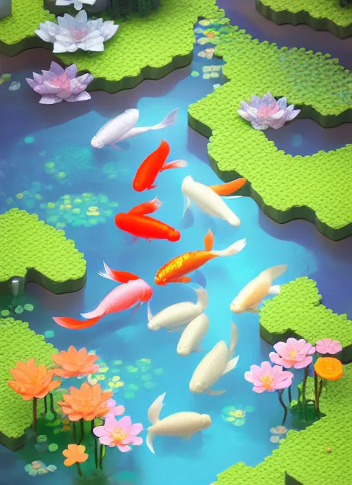 Image similar to sparkling pastel cute voxel art of a koi pond, behance, artstation, cute, Japanese, 3d render, unity, beautiful lighting, extremely beautiful, very beautiful award winning art Huang Guangjian and Gil Elvgren and Sachin Teng , Greg Manchess