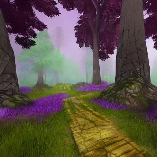 Image similar to warrior cats forest location, path, dark, purple a bit, unreal engine