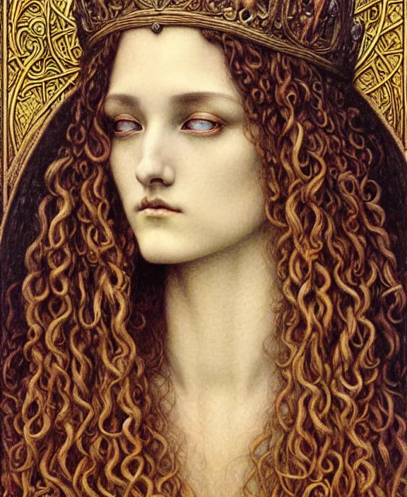 Image similar to detailed realistic beautiful young medieval queen face portrait by jean delville, gustave dore and marco mazzoni, art nouveau, symbolist, visionary, gothic, pre - raphaelite. horizontal symmetry