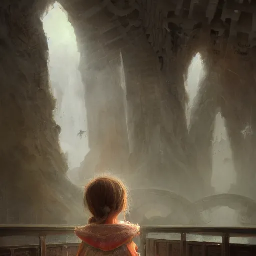 Image similar to a cute little girl waiting on the bridge of heaven and watching the hell, magical world, by greg rutkowski, sung choi, photo realistic, 8 k, cinematic lighting, hd, atmospheric, hyperdetailed, trending on artstation, devainart, digital painting, glow effect