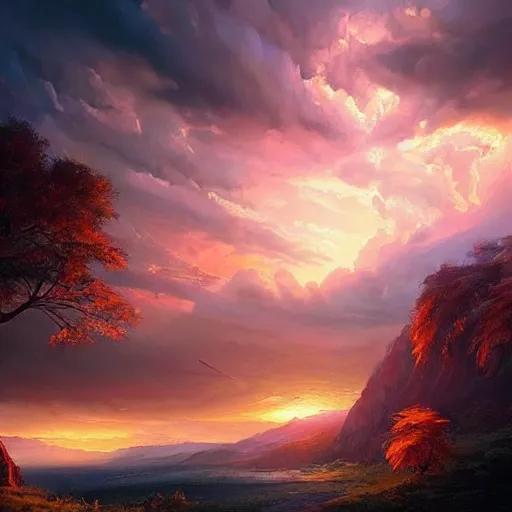 Image similar to A real photographic landscape painting with incomparable reality，the phoenix，Colorful clouds, fairy tale , light effect , Dream , Dindar light , Greg Rutkowski , unreal engine , Super realistic painting style, super wide ,artstation