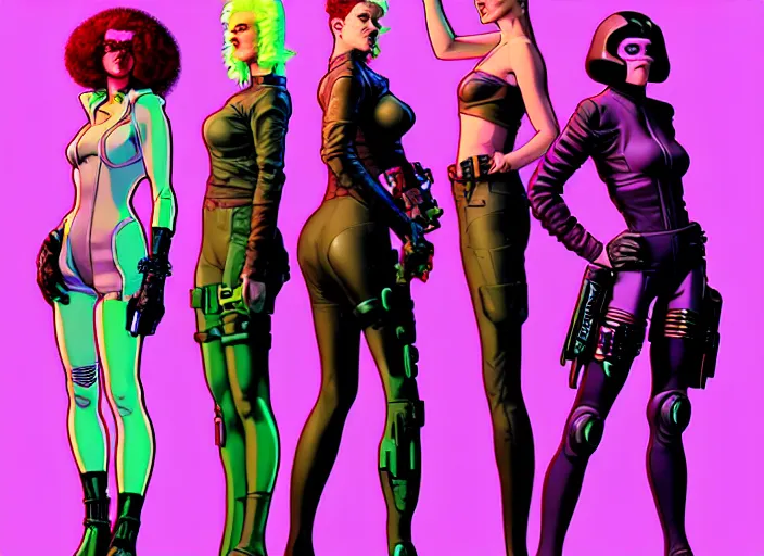 Prompt: cyberpunk femme fatale gang. portrait by stonehouse and mœbius and will eisner and gil elvgren and pixar. character design. realistic proportions. cyberpunk 2 0 7 7 character art, blade runner 2 0 4 9 concept art. cel shading. attractive face. thick lines. the team. diverse characters. artstationhq.