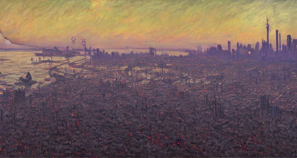 Image similar to Lisbon in 2287, cyberpunk, dark academia, by Simon Stålenhag and Claude Monet, oil on canvas