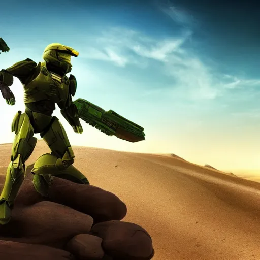 Image similar to master chief on a desert planet. epic image. action pose. explosions. sunrise