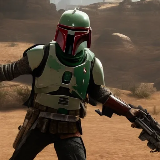Prompt: Film still of Boba Fett, from Red Dead Redemption 2 (2018 video game)