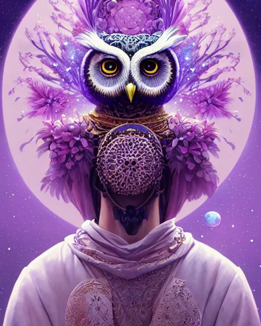 Image similar to anthropomorphic art of an owl king, in a lilac royal robe, stars and galaxies, by artgerm, victo ngai, ryohei hase, artstation, highly detailed digital painting, smooth, global illumination, fantasy art by greg rutkowsky, karl spitzweg, leyendecker