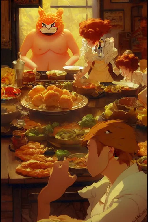 Prompt: nugget, food design, dynamic lighting, by studio ghibli, painting by gaston bussiere, craig mullins, j. c. leyendecker, tom of finland