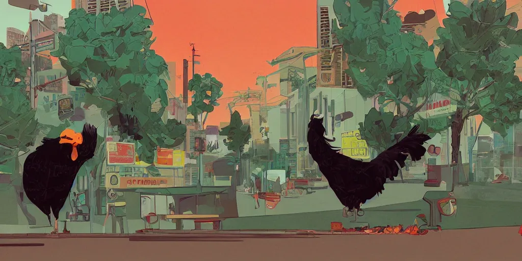 Image similar to 'black chicken!!!' smoking 'cannabis'!!!!!! in front of multi monitors broadcasting studio, artwork by James Gilleard