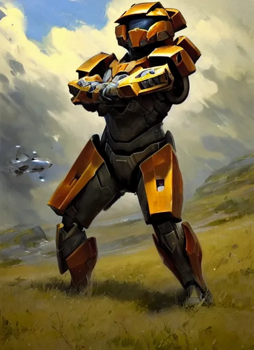 Prompt: Greg Manchess painting of a Corgi in a combination of Metroid Prime Armor and Forerunner Armor from Halo, countryside, calm, fantasy character portrait, dynamic pose, above view, sunny day, thunder clouds in the sky, artwork by Jeremy Lipkin and Giuseppe Dangelico Pino and Michael Garmash and Rob Rey, very coherent asymmetrical artwork, sharp edges, perfect face, simple form, 100mm