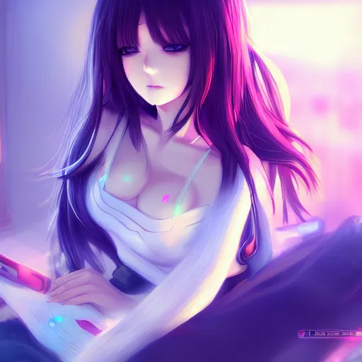 Image similar to digital anime art!!, gamer girl bedroom sleeping desk, wlop, rossdraws, artgerm, ross tran