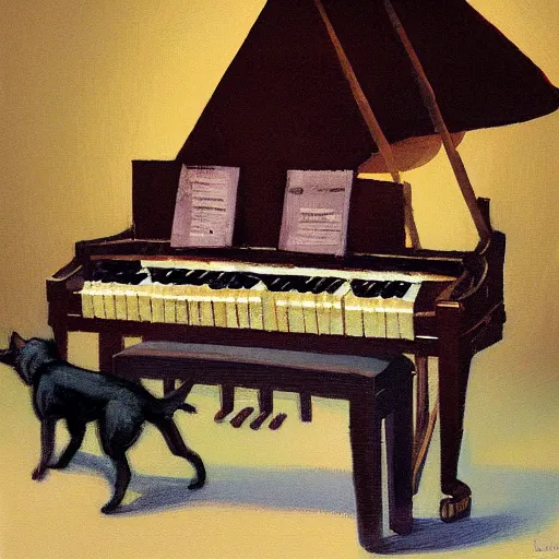 Prompt: a dog playing piano, painted by Craig Mullins
