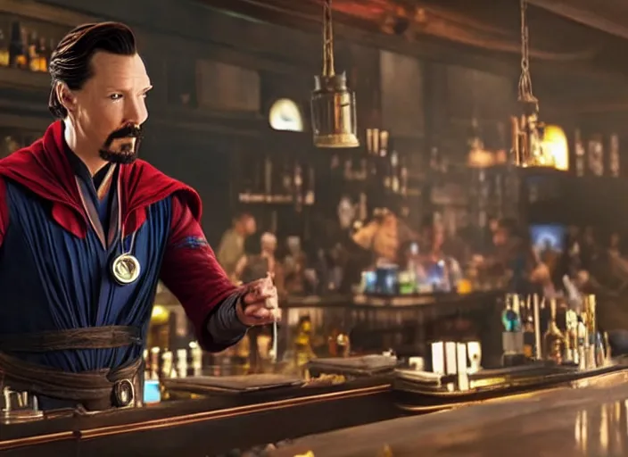 Image similar to film still of singular Doctor Strange working as a bartender in the new Avengers movie, 4k