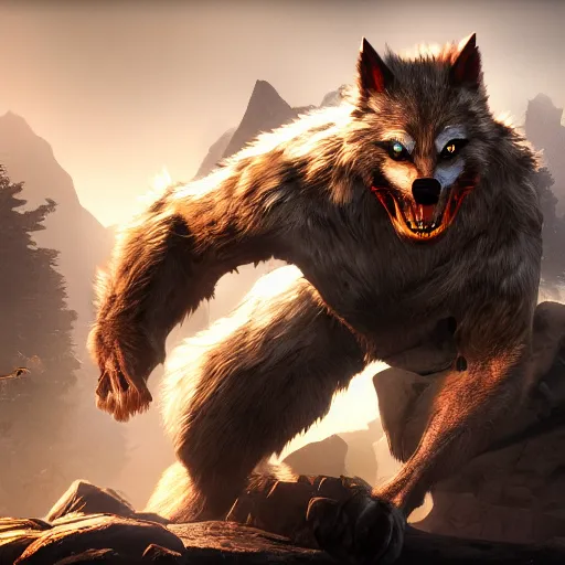 Prompt: 8k ultra realistic werewolf hero, videogame promotional art, full of colour, cinematic lighting, trending on artstation, focused, extreme details, unreal engine 5, cinematic
