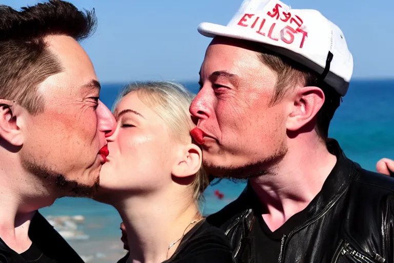 Image similar to elon musk kissing billie ellish at the beach