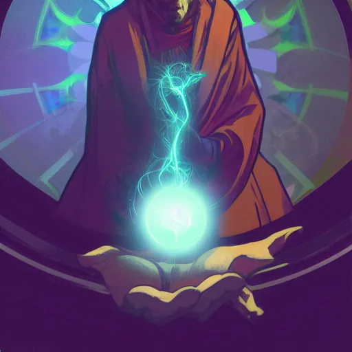 Prompt: a warlock is casting a magic spell while with magic orb floating in his hand , dynamic pose, chromatic aberration , medium level shot, Mucha style , Grim fantasy, illustration ,concept art, Mucha style,