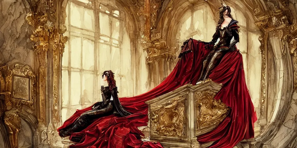 Prompt: epic, cinematic, leading lines, low angle, a 1 7 th century beautiful queen, sitting on the throne, symmetry, baroque interior, shiny marble floor, ornate dark red opulent clothing, scifi, futuristic, optimistic, concept art, watercolor, expressive, impressionism,