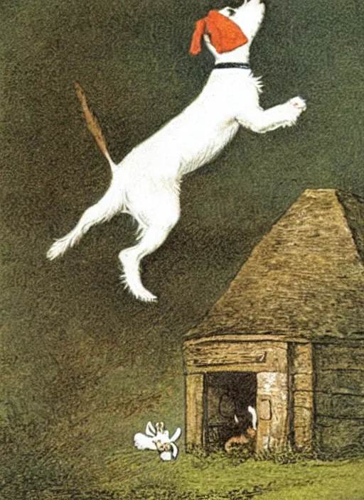 Image similar to jack russel terrier jumping from the ground over a small cottage, illustrated by peggy fortnum and beatrix potter and sir john tenniel