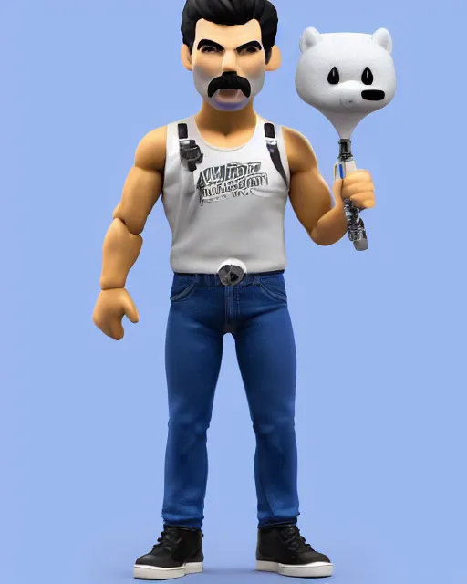 Prompt: 3 d render of a freddie mercury, white sleeveless tank top blue jeans as a funko pop!, four, studio lighting, white background, single body, no shadow, blender, trending on artstation, 8 k, highly detailed