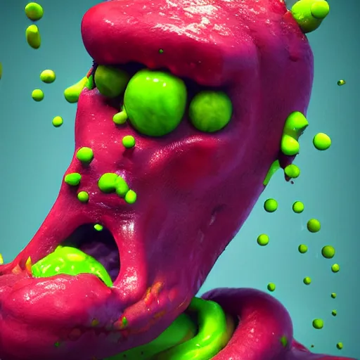 Prompt: slime monster made of Mucus, snot, pus, hair, ighly detailed, 3d, octane render, bright colors, digital painting, trending on artstation, sharp focus