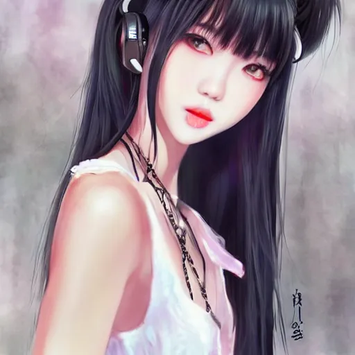 Image similar to realistic beautiful gorgeous natural cute Blackpink Lalisa Manoban black hair fur black cat ears, wearing white camisole summer outfit, headphones, black leather choker artwork drawn full HD 4K highest quality in artstyle by professional artists WLOP, Aztodio, Taejune Kim, Guweiz on Pixiv Instagram Artstation