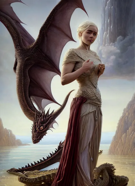 Image similar to a painting of Daenerys Targaryen in fantastic dress next to a dragon, by Jaime Jones,Tom Bagshaw,Lawrence Alma-Tadema,greg rutkowski,deviantart contest winner, fantasy art, daz3d,intricate,elegant,highly detailed,8k,digital painting,concept art, sharp focus, illustration,golden ratio