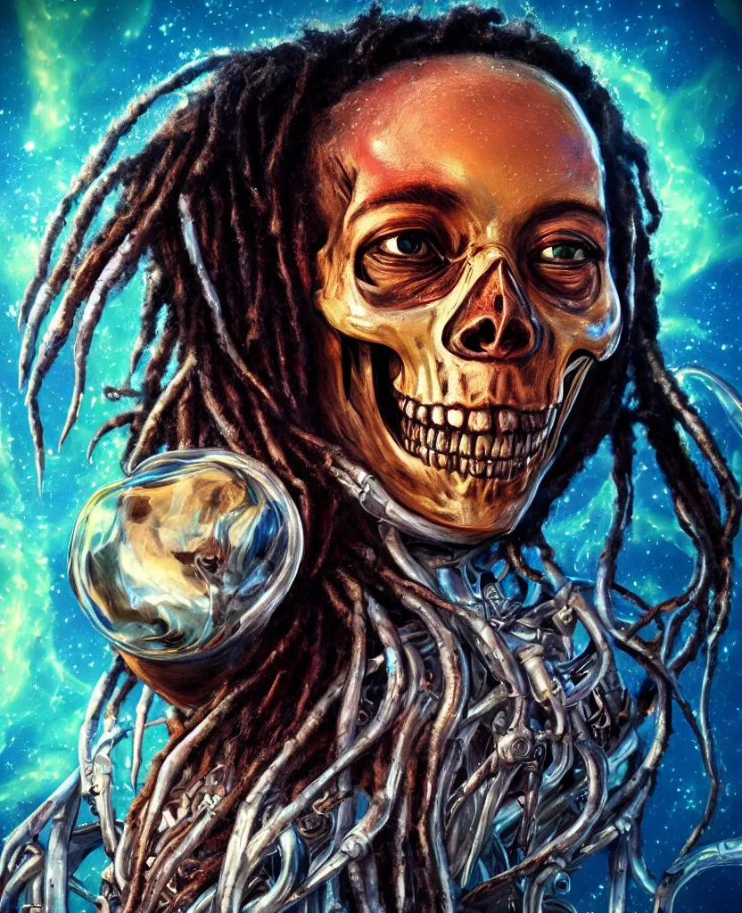 Image similar to close-up macro portrait of the face of a beautiful princess rotten skull in a spaceman suit bob marley, epic angle and pose, symmetrical artwork, 3d with depth of field, blurred background, cybernetic jellyfish female face skull phoenix bird, translucent, nautilus, energy flows of water and fire. a highly detailed epic cinematic concept art CG render. made in Maya, Blender and Photoshop, octane render, excellent composition, cinematic dystopian brutalist atmosphere, dynamic dramatic cinematic lighting, aesthetic, very inspirational, arthouse. y Greg Rutkowski, Ilya Kuvshinov, WLOP, Stanley Artgerm Lau, Ruan Jia and Fenghua Zhong