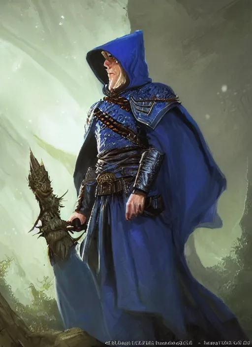 Image similar to dark blue cloak male priest, ultra detailed fantasy, dndbeyond, bright, colourful, realistic, dnd character portrait, full body, pathfinder, pinterest, art by ralph horsley, dnd, rpg, lotr game design fanart by concept art, behance hd, artstation, deviantart, hdr render in unreal engine 5