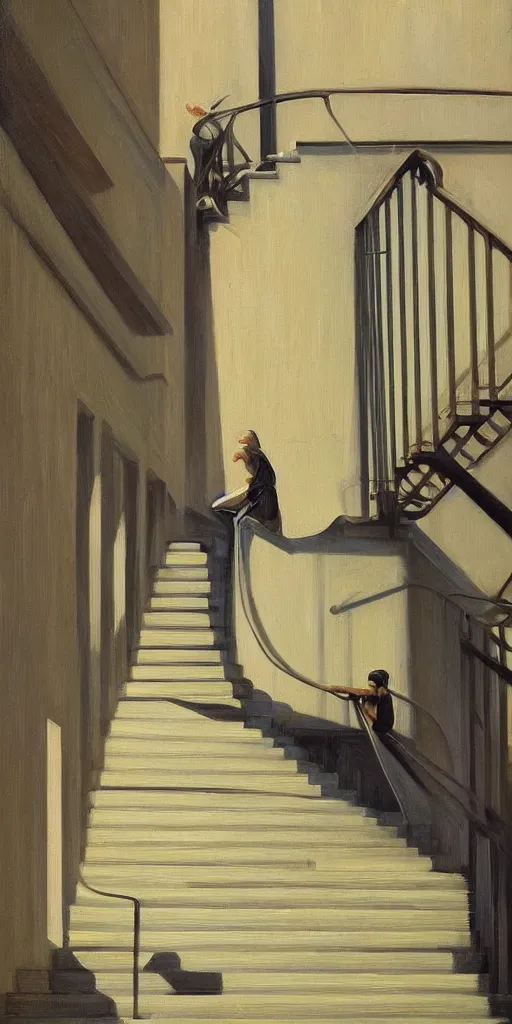 Prompt: impossible stairs, cinematic and highly detailed oil painting by josep tapiro baro and edward hopper, trending on artstation, oil painting masterpiece, symmetry, mysterious, very very very aesthetic