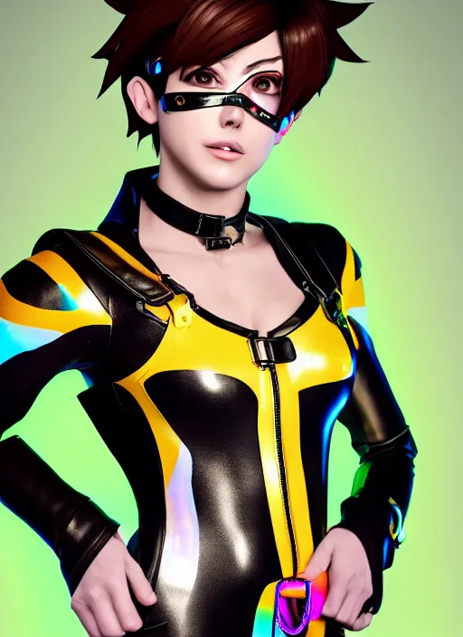 Image similar to portrait bust digital artwork of tracer overwatch, wearing iridescent rainbow latex and leather straps catsuit outfit, 4 k, expressive happy face, makeup, in style of mark arian, angel wings, wearing detailed leather collar, chains, black leather harness, detailed face and eyes,