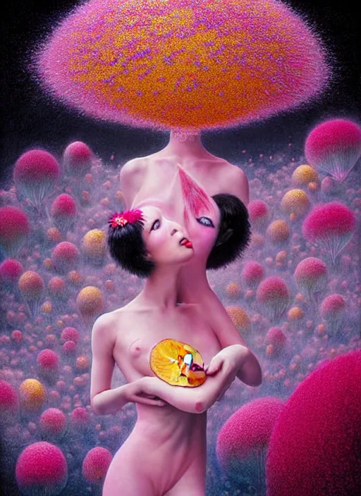 Image similar to hyper detailed 3d render like a Oil painting - kawaii portrait Aurora (ancient black haired flapper girl fae acrobat) seen Eating of the Strangling network of yellowcake aerochrome and milky Fruit and Her delicate Hands hold of gossamer polyp blossoms bring iridescent fungal flowers whose spores black the foolish stars by Jacek Yerka, Mariusz Lewandowski, Houdini algorithmic generative render, Abstract brush strokes, Masterpiece, Edward Hopper and James Gilleard, Zdzislaw Beksinski, Mark Ryden, Wolfgang Lettl, hints of Yayoi Kasuma, octane render, 8k