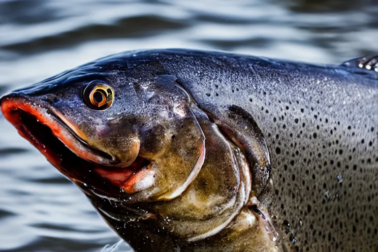 Image similar to a close - up photograph of a salmon with it's mouth open jumping out of the water. national geographic, fast shutter speed, 5 0 mm