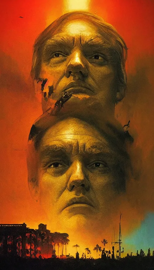 Prompt: donald trump's face close up on the apocalypse now poster, red sunset, capitol building, washington dc, black helicopters, air brush, oil paint, radiant light, caustics, heroic, bright iridescent light, by gaston bussiere, by bayard wu, by greg rutkowski, by maxim verehin