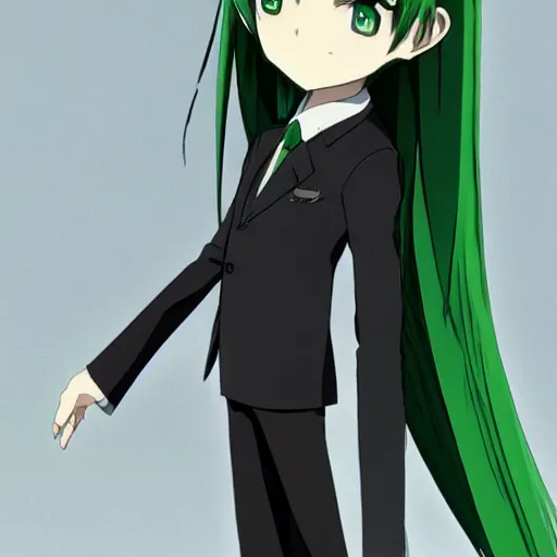 Image similar to full body portrait character concept art, anime key visual of decadent green long straight hair young anime male in black suit, green long straight hair and brown eyes, finely detailed perfect face studio lighting delicate features directed gaze, gapmoe kuudere grimdark, trending on pixiv fanbox, painted by greg rutkowski makoto shinkai takashi takeuchi studio ghibli