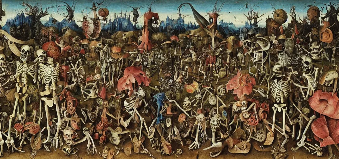 Prompt: Skeletons walking through the garden of earthly delights, hyper-surrealism, highly detailed and intricate matte painting by Max Ernst, Hieronymus Bosch and Giuseppe Arcimboldo
