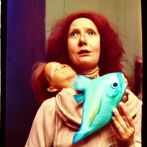 Image similar to surprised woman who has given birth to an inflatable fish, Tarkovsky film, archival footage, technicolor film expired film live-action, 16mm