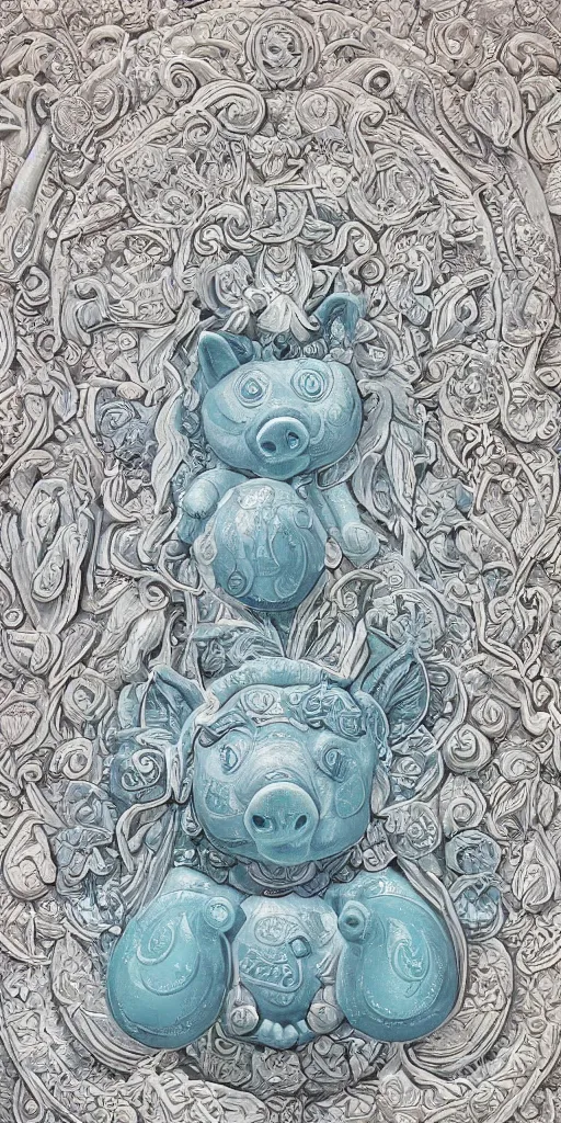 Image similar to intricate colourfully painted carved Soapstone relief paneling, white and pale blue , celestial, pig, piglet, piggy, pig goddess, mother earth, Earth Goddess mythology, Gaia, angels, divinity, Ghostly, crystaline celtic, insanly detailed , artstation, wallpaper, hyper realistic, realistic lighting