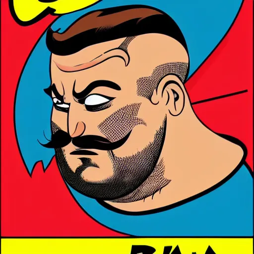 Image similar to A fat man with a fade haircut and a mustache as a comic book hero fighting off evil,, 4k, comic book cover