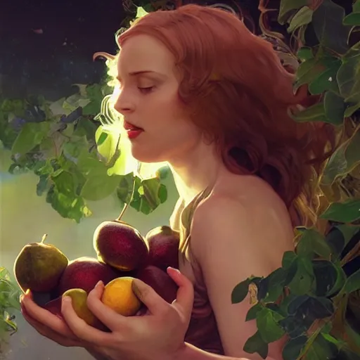 Image similar to eve eating fruit from the tree of knowedge of good and evil in the gardnen of eden, highly detailed, digital painting, artstation, concept art, smooth, sharp focus, illustration, artstation, art by artgerm, greg rutkowski, alphonse mucha, ilya repin and charlie bowater